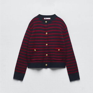 NWOT Zara Buttoned Knit Cardigan Red and Navy Striped Small